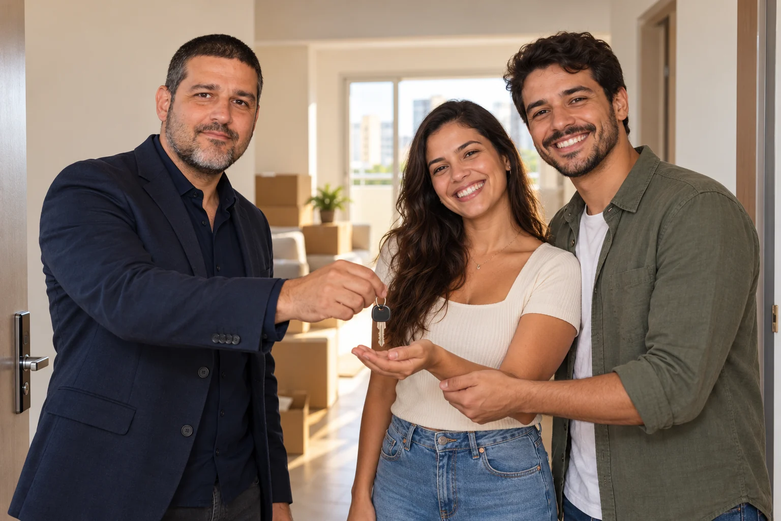 Cena ilustrativa de Cesar Jotta entregando a chave de um apartamento a um casal
