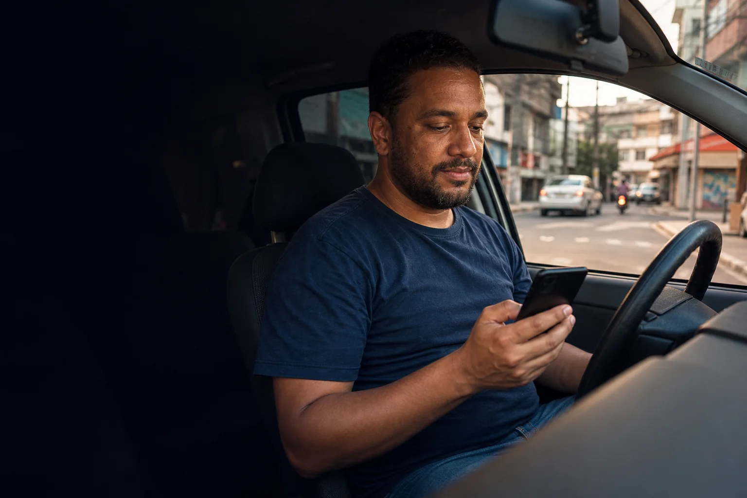 Motorista de aplicativo conferindo seus ganhos no celular